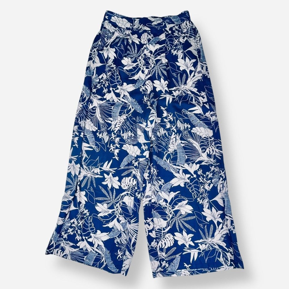 Panama Jack Womens Linen Wide Leg Pants Blue Floral Tropical XL High Waist‎